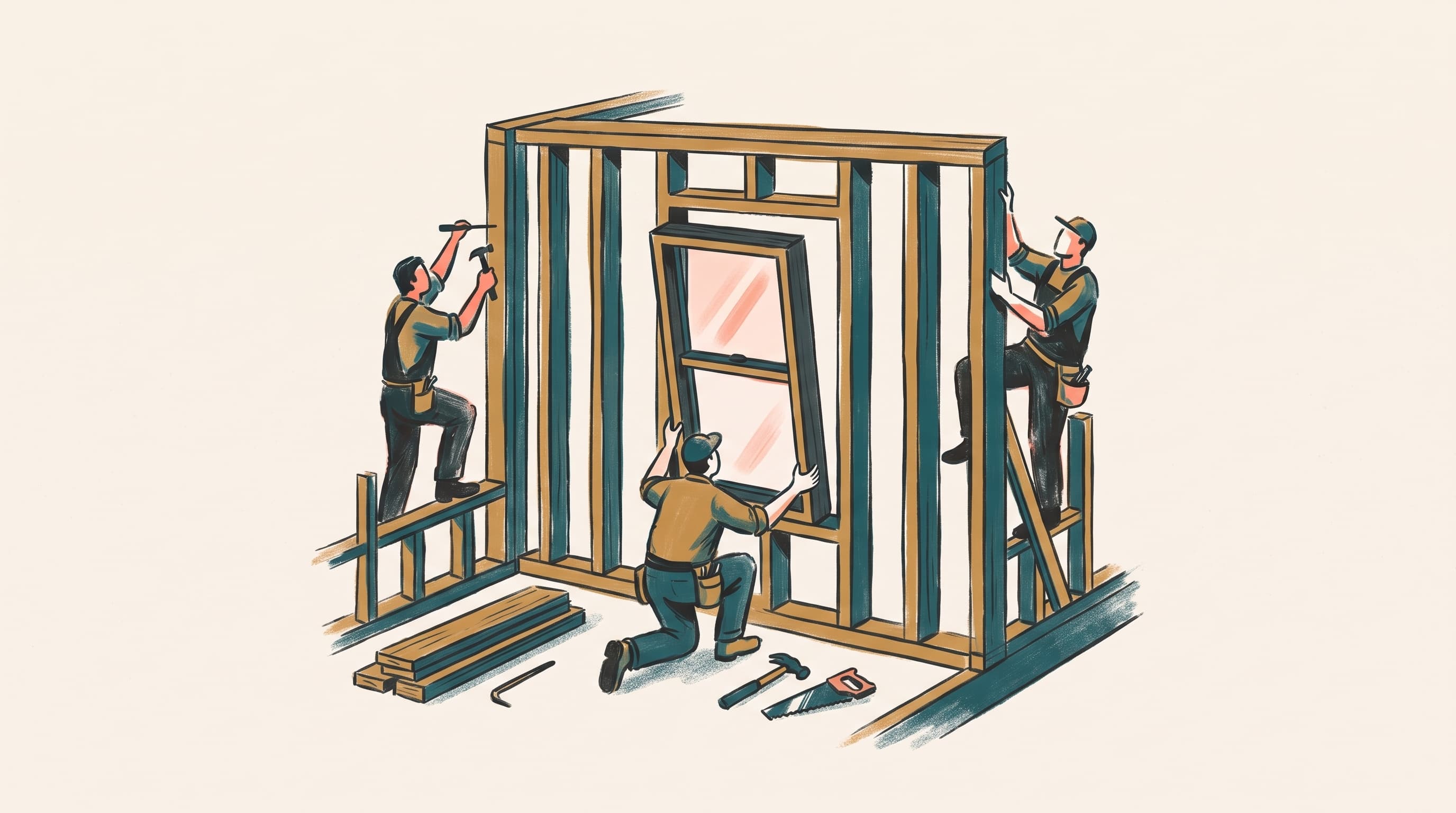 A kneeling builder guides a ready-made window into an opening framed to fit it in a timber wall, while two builders work on the frame above and lumber and tools rest on the floor.