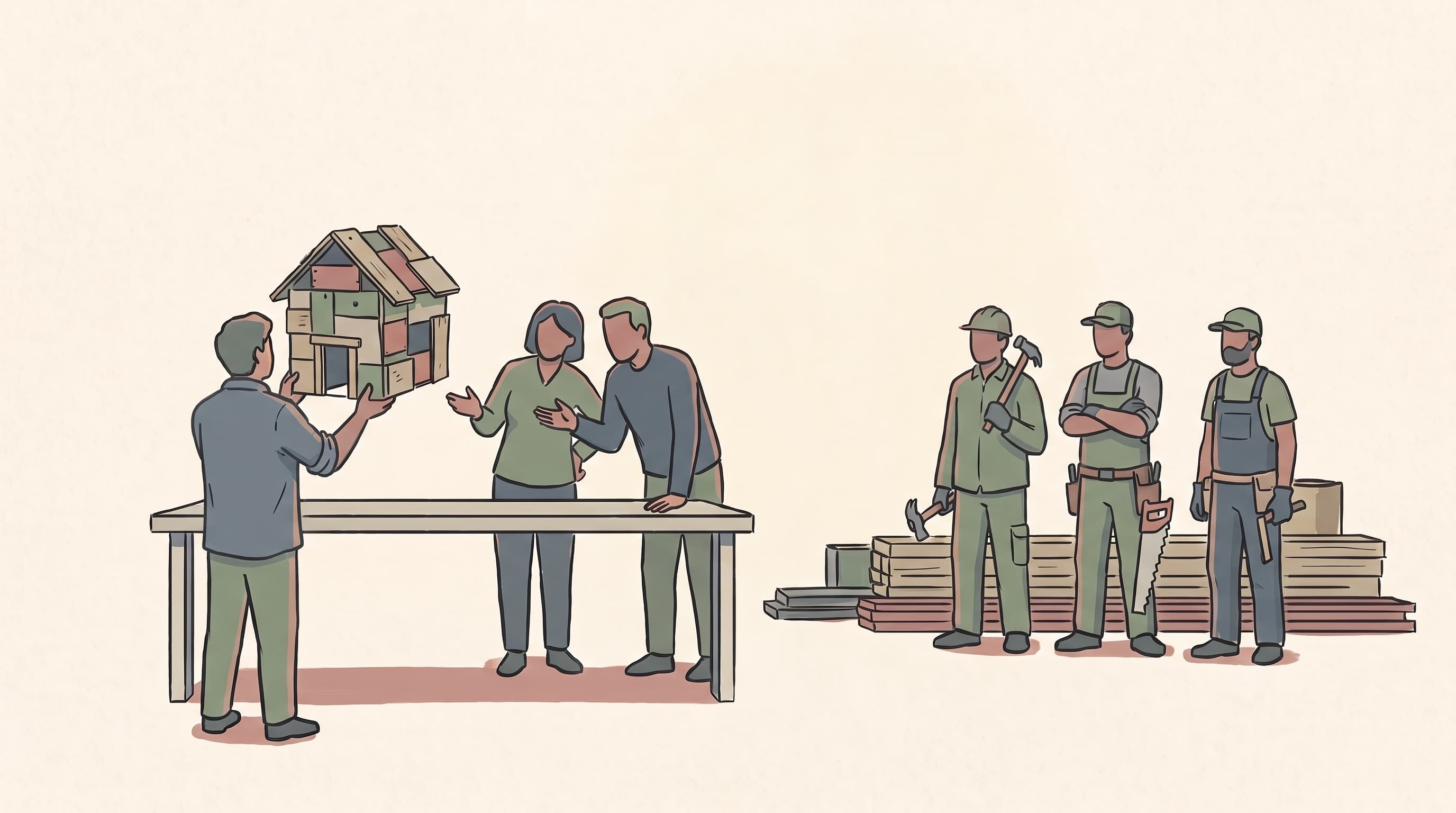 A figure in a rolled-sleeve work shirt holds up a rough scrap-wood model of a house for two people across a table, while three builders wait beside stacked lumber with their tools.