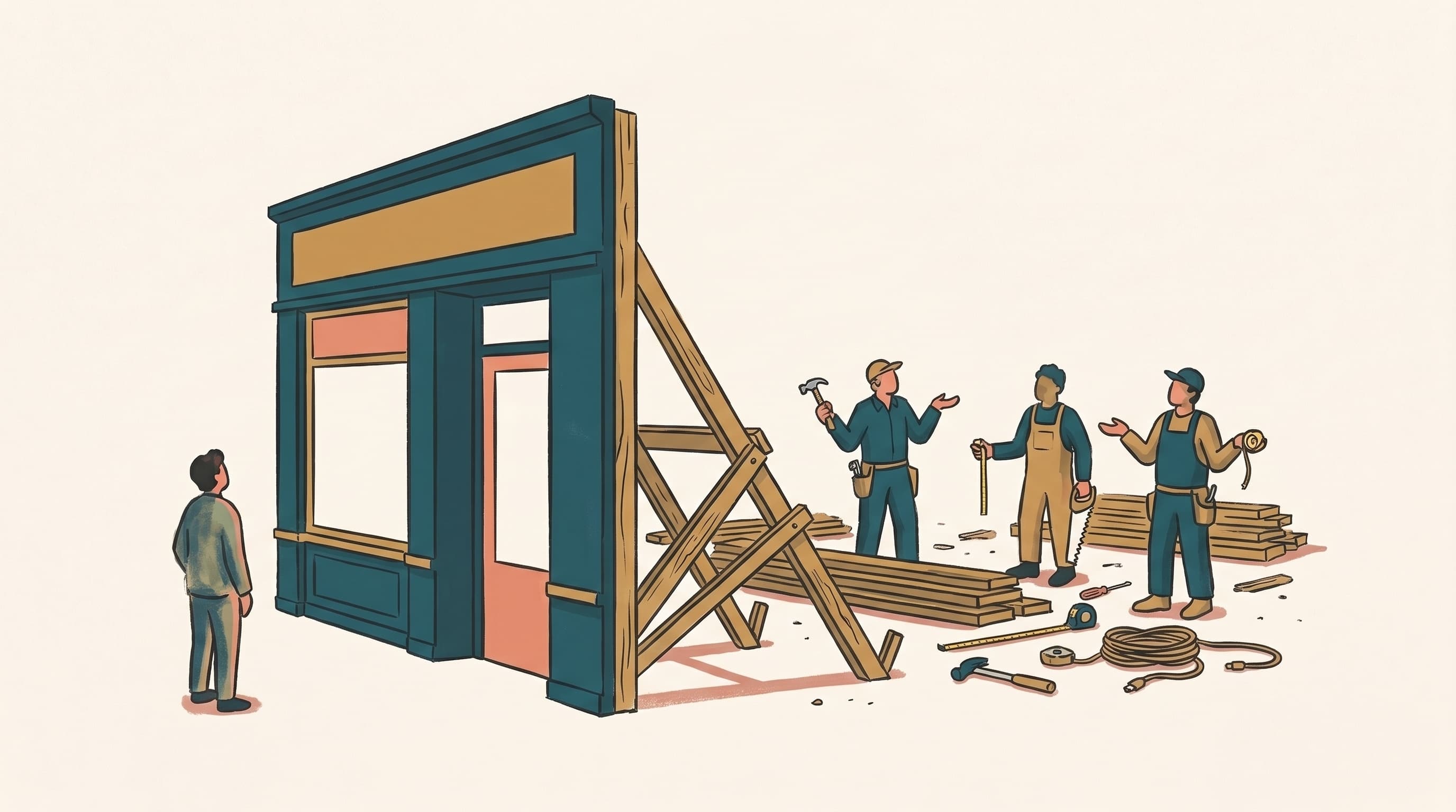 A figure looks up at a teal storefront that is only a painted front propped up by timber braces, while three builders stand behind it among stacked lumber and loose tools.